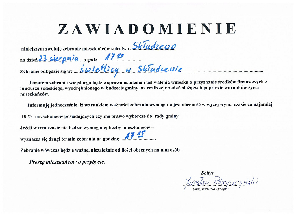 Zebranie wiejskie - zawiadomienie